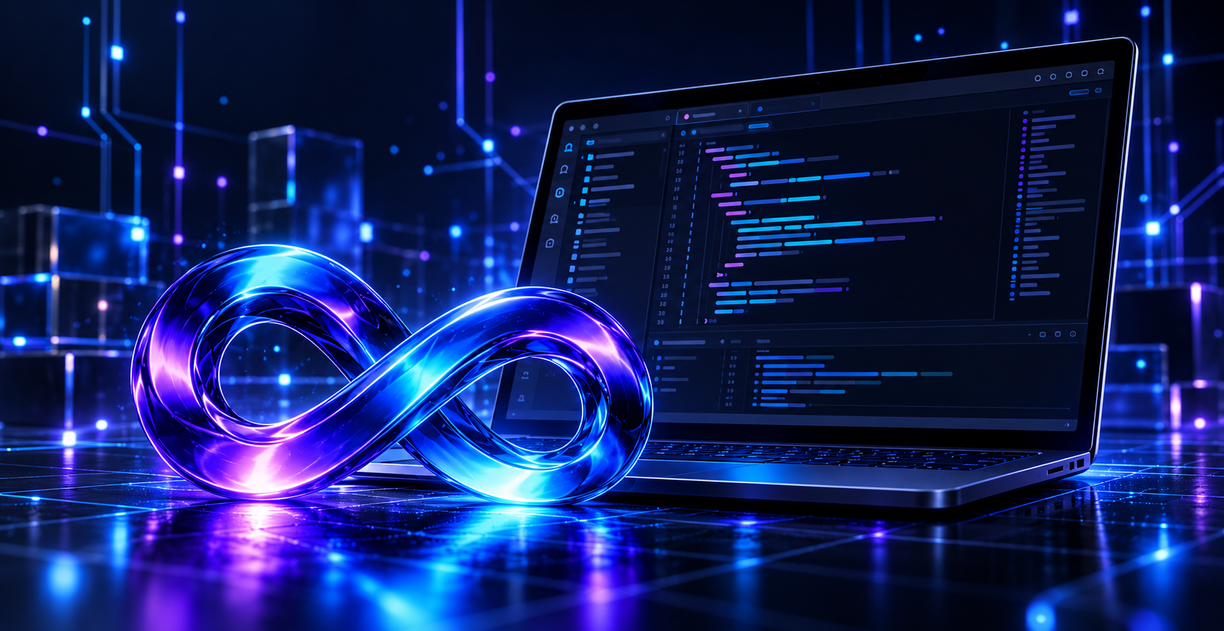 Neon sonsuzluk formu ve kod editörü açık dizüstü bilgisayar